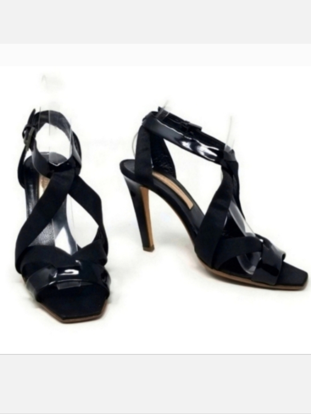 Rupert Sanderson Jake Wave Satin Patent Leather Strappy Heels Black 36.5